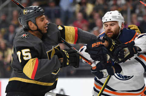 LAS VEGAS, NV – APRIL 01: Ryan Reaves #75 of the Vegas Golden Knights fights with Zack Kassian #44 of the Edmonton Oilers during the first period at T-Mobile Arena on April 1, 2019 in Las Vegas, Nevada. (Photo by Jeff Bottari/NHLI via Getty Images)