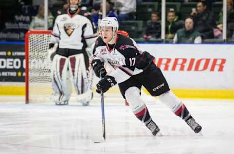 EVERETT, WA – NOVEMBER 25: Vancouver Giants forward Tyler Benson (17) skates with the puck during a game between the Vancouver Giants and the Everett Silvertips on Saturday, November 25, 2017 at Xfinity Arena in Everett, Washington. Everett defeated Vancouver by a final score of 5-2. (Photo by Christopher Mast/Icon Sportswire via Getty Images)