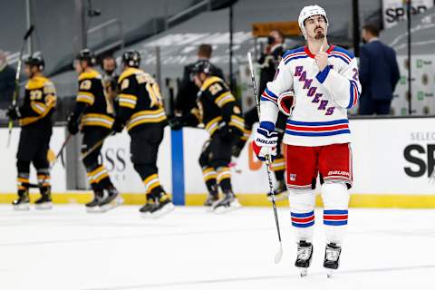 BOSTON, MASSACHUSETTS – MARCH 11: Chris Kreider #20 of the New York Rangers looks on after the Boston Bruins defeat the Rangers 4-0 at TD Garden on March 11, 2021 in Boston, Massachusetts. (Photo by Maddie Meyer/Getty Images)