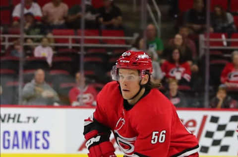 RALEIGH, NC – SEPTEMBER 18:Carolina Hurricanes left wing Erik Haula (56) with the puck during the 1st period of the Carolina Hurricanes game versus the Tampa Bay Lightning on September 18th, 2019 at PNC Arena in Raleigh, NC. (Photo by Jaylynn Nash/Icon Sportswire via Getty Images)