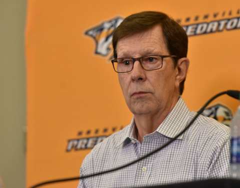 Predators GM David Poile listens to a question during the team’s press conference concerning the 27-game suspension for Austin Watson. Watson Suspension Presserpoile 091218