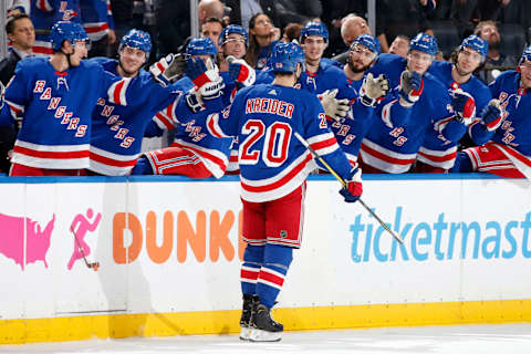 NEW YORK, NY – FEBRUARY 05: Chris Kreider #20 of the New York Rangers celebrates after scoring a goal in the first period against the Toronto Maple Leafs at Madison Square Garden on February 5, 2020 in New York City. (Photo by Jared Silber/NHLI via Getty Images)