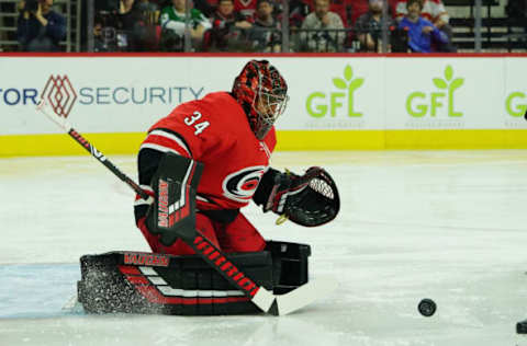 RALEIGH, NC – OCTOBER 29: Petr Mrazek #34 of the Carolina Hurricanes goes down in the crease to make the stop during an NHL game against the Calgary Flames on October 29, 2019 at PNC Arena in Raleigh, North Carolina. (Photo by Gregg Forwerck/NHLI via Getty Images)