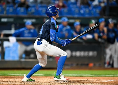 Miles Mastrobuoni of Team Italy hits a RBI double at the top of the 6th inning . (Photo by Gene Wang/Getty Images)