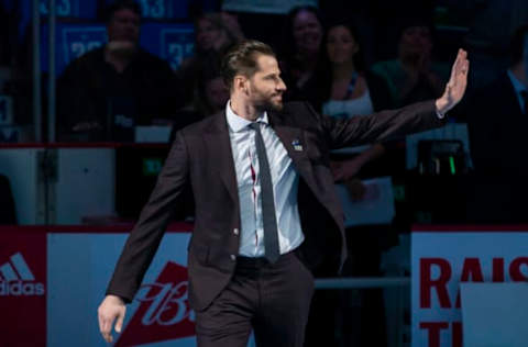 VANCOUVER, BC – FEBRUARY 20: Ryan Kesler waves to the crowd during a ceremony celebrating the careers of Daniel and Henrik Sedin as Vancouver Canucks on February 12, 2020 in Vancouver, Canada. (Photo by Ben Nelms/Getty Images)