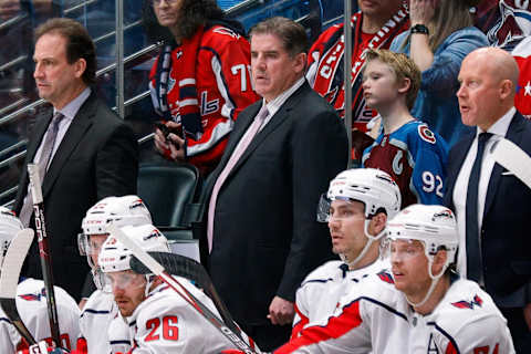 Apr 18, 2022; Denver, Colorado, USA; Washington Capitals head coach Peter Laviolette looks on in the second period against the Colorado Avalanche at Ball Arena. Mandatory Credit: Isaiah J. Downing-USA TODAY Sports