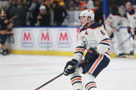 BUFFALO, NY – JANUARY 02: Edmonton Oilers defenseman Adam Larsson (6) skates during a game between the Edmonton Oilers and the Buffalo Sabres on January 2, 2020, at the KeyBank Center in Buffalo, NY (Photo by Jerome Davis/Icon Sportswire via Getty Images)