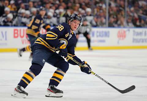 BUFFALO, NY – FEBRUARY 23: Victor Olofsson #68 of the Buffalo Sabres looks for the puck during the second period against the Winnipeg Jets at KeyBank Center on February 23, 2020 in Buffalo, New York. (Photo by Timothy T Ludwig/Getty Images)