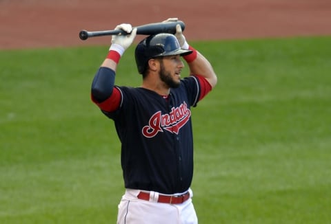 Jul 9, 2016; Cleveland, OH, USA; Cleveland Indians catcher Yan Gomes (10) reacts after lining out in the eighth inning against the New York Yankees at Progressive Field. Mandatory Credit: David Richard-USA TODAY Sports