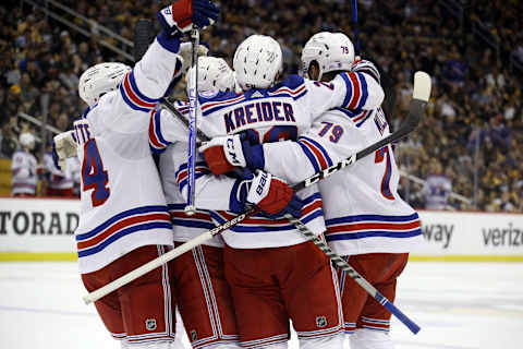 May 13, 2022; Pittsburgh, Pennsylvania, USA; The New York Rangers celebrate the game winning goal scored by Rangers left wing Chris Kreider (20) against the Pittsburgh Penguins during the third period in game six of the first round of the 2022 Stanley Cup Playoffs at PPG Paints Arena. The Rangers won 5-3. Mandatory Credit: Charles LeClaire-USA TODAY Sports