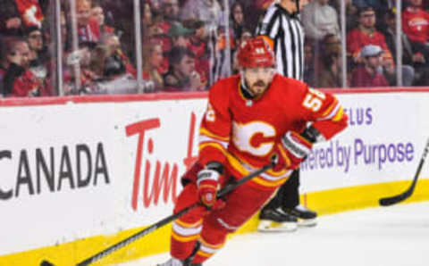 CALGARY, CANADA – APRIL 2: MacKenzie Weegar #52 of the Calgary Flames in action against the Anaheim Ducks during an NHL game at Scotiabank Saddledome on April 2, 2023 in Calgary, Alberta, Canada. The Flames defeated the Ducks 5-4. (Photo by Derek Leung/Getty Images)