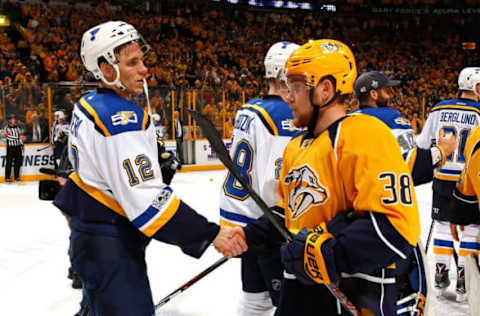 NASHVILLE, TN – MAY 07: Jori Lehtera #12 of the St. Louis Blues shakes hands with Viktor Arvidsson #38 of the Nashville Predators after a 3-1 Predator victory over the Blues in Game Six of the Western Conference Second Round during the 2017 NHL Stanley Cup Playoffs at Bridgestone Arena on May 7, 2017 in Nashville, Tennessee. (Photo by Frederick Breedon/Getty Images)