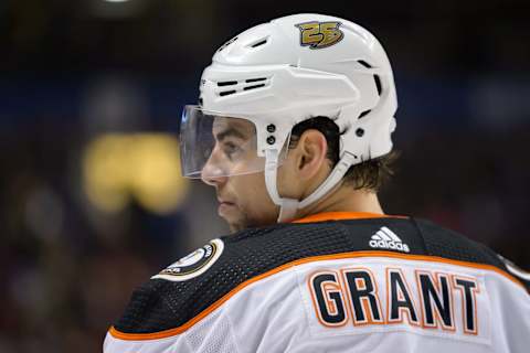 VANCOUVER, BC – February 25: Anaheim Ducks Center Derek Grant (38) waits for a face-off during their NHL game against the Vancouver Canucks at Rogers Arena on February 25, 2019, in Vancouver, British Columbia, Canada. Vancouver won 4-0. (Photo by Derek Cain/Icon Sportswire via Getty Images)