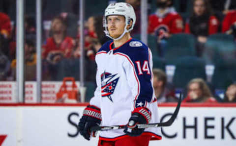 Mar 4, 2020; Calgary, Alberta, CAN; Columbus Blue Jackets center Gustav Nyquist (14) skates against the Calgary Flames during the third period at Scotiabank Saddledome. Mandatory Credit: Sergei Belski-USA TODAY Sports