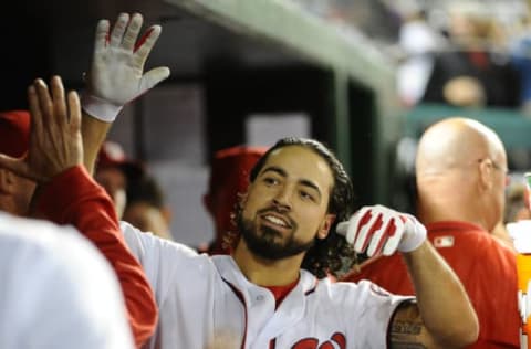 Sep 30, 2016; Washington, DC, USA; Washington Nationals third baseman Anthony Rendon (6) is congratulated by teammates after hitting a solo homer against the Miami Marlins during the fourth inning at Nationals Park. Mandatory Credit: Brad Mills-USA TODAY Sports. MLB.