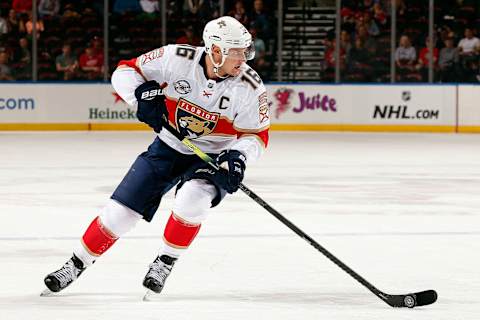 SUNRISE, FL – FEBRUARY 21: Aleksander Barkov #16 of the Florida Panthers skates with the puck against the Carolina Hurricanes at the BB&T Center on February 21, 2019 in Sunrise, Florida. (Photo by Eliot J. Schechter/NHLI via Getty Images)