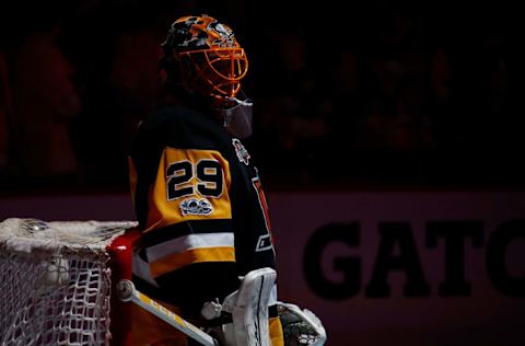 PITTSBURGH, PA – APRIL 20: Marc-Andre Fleury #29 of the Pittsburgh Penguins during the national anthem prior to playing the Columbus Blue Jackets in Game Five of the Eastern Conference First Round during the 2017 NHL Stanley Cup Playoffs at PPG Paints Arena on April 20, 2017 in Pittsburgh, Pennsylvania. Pittsburgh won the game 5-2 to win the series. (Photo by Gregory Shamus/Getty Images)