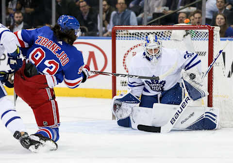 NEW YORK, NY – FEBRUARY 05: New York Rangers Center Mika Zibanejad (93) takes a shot on goal during the first period of the National Hockey League game between the Toronto Maple Leafs and the New York Rangers on February 5, 2020 at Madison Square Garden in New York, NY. (Photo by Joshua Sarner/Icon Sportswire via Getty Images)