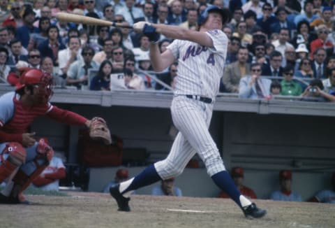 FLUSHING, NY – UNDATED: Rusty Staub of the New York Mets swings against the Cincinnati Reds at Shea Stadium in Flushing, New York circa 1970’s. (Photo by Focus on Sport/Getty Images)