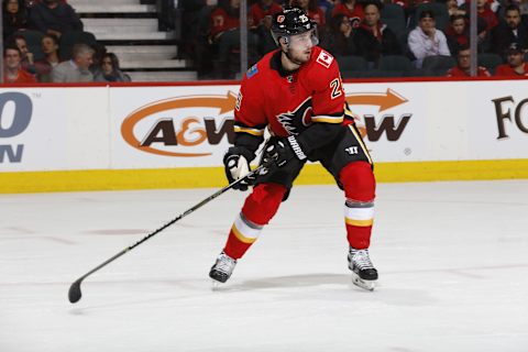 CALGARY, AB – MARCH 2: Nick Shore #25 of the Calgary Flames skates against the New York Rangers during an NHL game on March 2, 2018 at the Scotiabank Saddledome in Calgary, Alberta, Canada. (Photo by Gerry Thomas/NHLI via Getty Images)