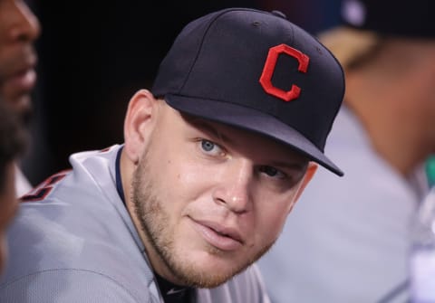 TORONTO, ON – SEPTEMBER 6: Roberto Perrez #55 of the Cleveland Indians looks on from the dugout during MLB game action against the Toronto Blue Jays at Rogers Centre on September 6, 2018 in Toronto, Canada. (Photo by Tom Szczerbowski/Getty Images)