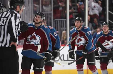 DENVER, CO – FEBRUARY 18: Alexander Kerfoot #13, Anton Lindholm #54, J.T. Compher #37 and Tyson Barrie #4 of the Colorado Avalanche celebrate a goal against the Edmonton Oilers at the Pepsi Center on February 18, 2018 in Denver, Colorado. (Photo by Michael Martin/NHLI via Getty Images)