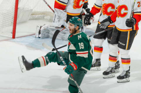 SAINT PAUL, MN – DECEMBER 23: Luke Kunin #19 of the Minnesota Wild celebrates after scoring a goal against the Calgary Flames during the game at the Xcel Energy Center on December 23, 2019, in Saint Paul, Minnesota. (Photo by Bruce Kluckhohn/NHLI via Getty Images)