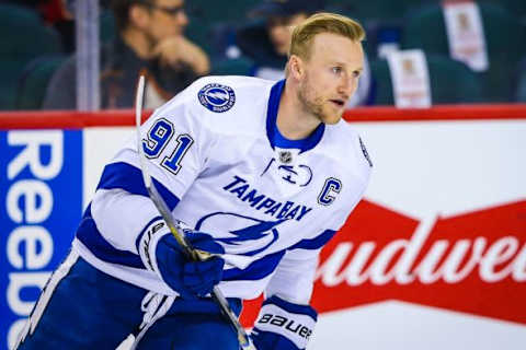 Jan 5, 2016; Calgary, Alberta, CAN; Tampa Bay Lightning center Steven Stamkos (91) skates during the warmup period against the Calgary Flames at Scotiabank Saddledome. Mandatory Credit: Sergei Belski-USA TODAY Sports