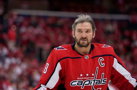 WASHINGTON, DC – APRIL 20: Alex Ovechkin #8 of the Washington Capitals warms up before playing against the Carolina Hurricanes in Game Five of the Eastern Conference First Round during the 2019 NHL Stanley Cup Playoffs at Capital One Arena on April 20, 2019 in Washington, DC. (Photo by Patrick McDermott/NHLI via Getty Images)