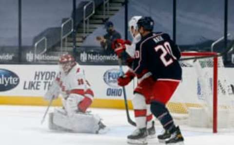 Feb 8, 2021; Columbus, Ohio, USA; Carolina Hurricanes goalie Alex Nedeljkovic (39) makes a save against the Columbus Blue Jackets during the first period at Nationwide Arena. Mandatory Credit: Russell LaBounty-USA TODAY Sports