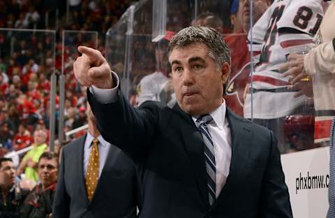 GLENDALE, AZ – FEBRUARY 02: Head coach Dave Tippett of the Arizona Coyotes points toward the ice during third period action against the Chicago Blackhawks at Gila River Arena on February 2, 2017 in Glendale, Arizona. (Photo by Norm Hall/NHLI via Getty Images