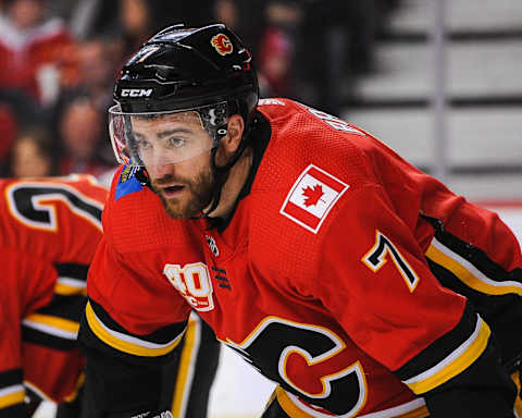 T.J. Brodie #7 of the Calgary Flames (Photo by Derek Leung/Getty Images)