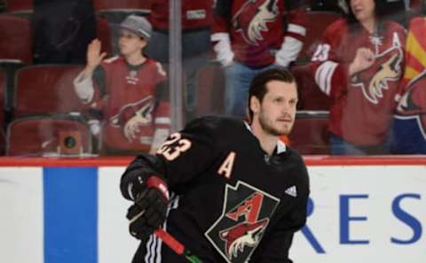 GLENDALE, AZ – FEBRUARY 24: Oliver Ekman-Larsson #23 of the Arizona Coyotes skates during pregame wearing a special Arizona Diamondbacks style warm-up jersey prior to a game against the Anaheim Ducks. (Photo by Norm Hall/NHLI via Getty Images)