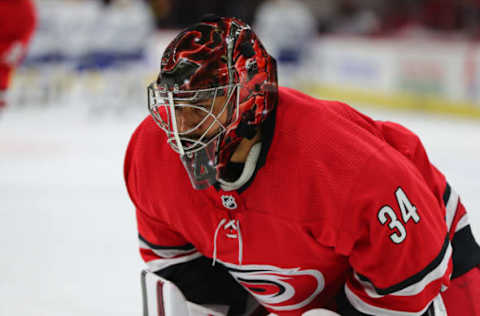 RALEIGH, NC – SEPTEMBER 18: Carolina Hurricanes goaltender Petr Mrazek (34) during the warmups of the Carolina Hurricanes game versus the Tampa Bay Lightning on September 18th, 2019 at PNC Arena in Raleigh, NC. (Photo by Jaylynn Nash/Icon Sportswire via Getty Images)