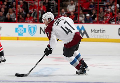 RALEIGH, NC – FEBRUARY 10: Dominic Toninato #47 of the Colorado Avalanche skates for position during an NHL game against the Carolina Hurricanes on February 10, 2018 at PNC Arena in Raleigh, North Carolina. (Photo by Gregg Forwerck/NHLI via Getty Images)