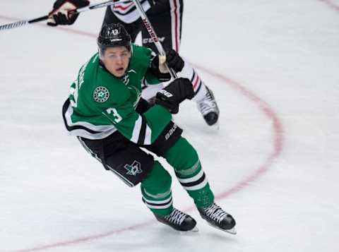 Feb 6, 2016; Dallas, TX, USA; Dallas Stars center Mattias Janmark (13) skates against the Chicago Blackhawks during the game at the American Airlines Center. The Blackhawks defeat the Stars 5-1. Mandatory Credit: Jerome Miron-USA TODAY Sports