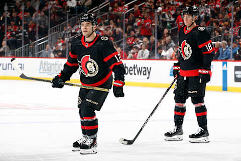 Alex DeBrincat #12 and Tim Stützle #18 of the Ottawa Senators. (Photo by Sarah Stier/Getty Images)