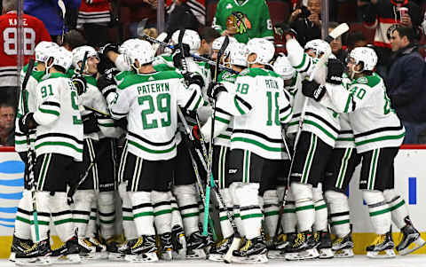 CHICAGO, IL – NOVEMBER 30: Members of the Dallas Stars celebrate a win over the Chicago Blackhawks at the United Center on November 30, 2017 in Chicago, Illinois. The Stars defeated the Blackhawks 4-3 in overtime. (Photo by Jonathan Daniel/Getty Images)