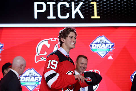 Jack Hughes selected first overall by the New Jersey Devils. (Photo by Bruce Bennett/Getty Images)