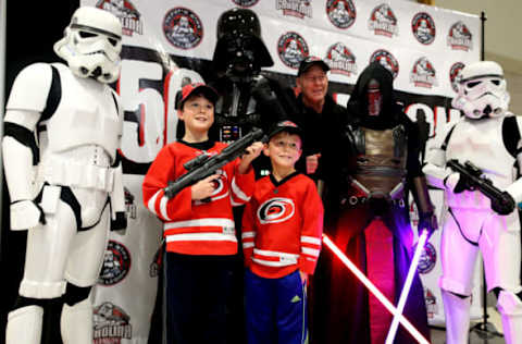 RALEIGH, NC – DECEMBER 3: Fans of the Carolina Hurricanes pose with Star Wars characters prior to an NHL game against the Florida Panthers on December 3, 2017 at PNC Arena in Raleigh, North Carolina. (Photo by Gregg Forwerck/NHLI via Getty Images)