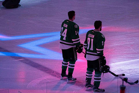 Nov 5, 2016; Dallas, TX, USA; Dallas Stars left wing Jamie Benn (14) and center Tyler Seguin (91) prepare to face the Chicago Blackhawks at the American Airlines Center. The Blackhawks defeat the Stars 3-2. Mandatory Credit: Jerome Miron-USA TODAY Sports