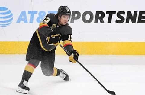 LAS VEGAS, NV – DECEMBER 14: Brendan Leipsic #13 of the Vegas Golden Knights passes against the Pittsburgh Penguins in the first period of their game at T-Mobile Arena on December 14, 2017, in Las Vegas, Nevada. The Golden Knights won 2-1. (Photo by Ethan Miller/Getty Images)