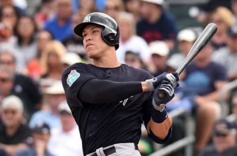 Mar 8, 2016; Jupiter, FL, USA; New York Yankees right fielder Aaron Juudge (99) at bat against the Miami Marlins during a spring training game at Roger Dean Stadium. Mandatory Credit: Steve Mitchell-USA TODAY Sports