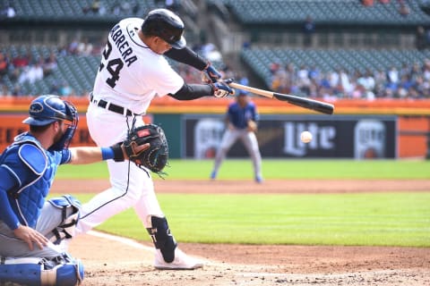 Sep 26, 2021; Detroit, Michigan, USA; Detroit Tigers designated hitter Miguel Cabrera (24) hits during the first inning against the Kansas City Royals at Comerica Park. Mandatory Credit: Tim Fuller-USA TODAY Sports