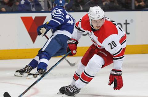 TORONTO,ON – DECEMBER 19: Sebastian Aho #20 of the Carolina Hurricanes skates against the Toronto Maple Leafs during an NHL game at the Air Canada Centre on December 19, 2017 in Toronto, Ontario, Canada. The Maple Leafs defeated the Hurricanes 8-1. (Photo by Claus Andersen/Getty Images)