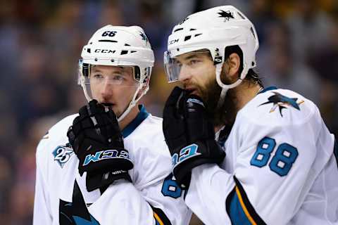 BOSTON, MA – NOVEMBER 17: Brent Burns #88 of the San Jose Sharks and Melker Karlsson #68 talk during the third period against the Boston Bruins at TD Garden on November 17, 2015 in Boston, Massachusetts. The Sharks defeat the Bruins 5-4. (Photo by Maddie Meyer/Getty Images)