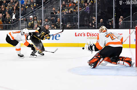 LAS VEGAS, NEVADA – JANUARY 02: Carter Hart #79 of the Philadelphia Flyers saves a shot by William Carrier #28 of the Vegas Golden Knights during the third period at T-Mobile Arena on January 02, 2020 in Las Vegas, Nevada. (Photo by Jeff Bottari/NHLI via Getty Images)