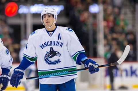 Dec 15, 2015; Saint Paul, MN, USA; Vancouver Canucks forward Alex Burrows (14) in the second period against the Minnesota Wild at Xcel Energy Center. Mandatory Credit: Brad Rempel-USA TODAY Sports