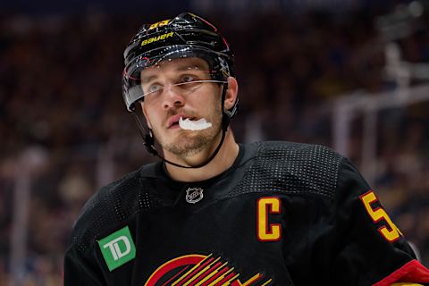 Jan 18, 2023; Vancouver, British Columbia, CAN; Vancouver Canucks forward Bo Horvat (53) during a stop in play against the Tampa Bay Lightning in the first period at Rogers Arena. Tampa won 5-2. Mandatory Credit: Bob Frid-USA TODAY Sports