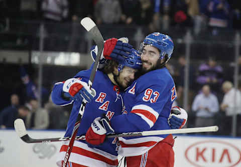 Artemi Panarin #10 and Mika Zibanejad #93 of the New York Rangers. (Photo by Bruce Bennett/Getty Images)